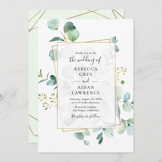 Greenery Eucalyptus with Geometric Frame Wedding Invitation (Front/Back)