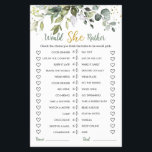 Greenery Eucalyptus Would She Rather Bridal Game Flyer<br><div class="desc">Would She Rather Bridal Shower Game. This design features a watercolor illustration of greenery foliage and eucalyptus leaves with greenish and golden effect confetti on the top.</div>