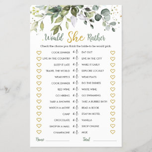 Greenery Eucalyptus Would She Rather Bridal Game Flyer