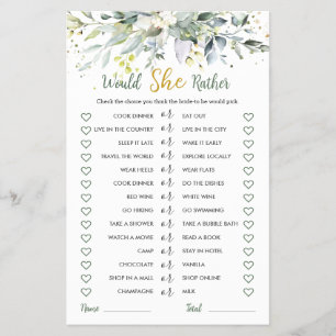 Greenery Eucalyptus Would She Rather Bridal Game Flyer