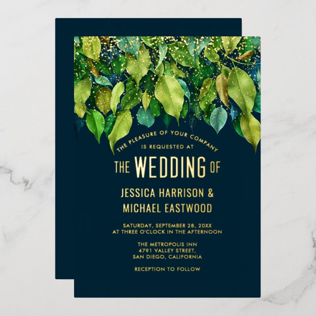 Greenery Fall Leaves Foliage Green Gold Wedding Foil Invitation (Front/Back)