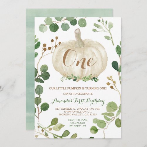 Greenery Fall White Pumpkin 1st Birthday   Invitation