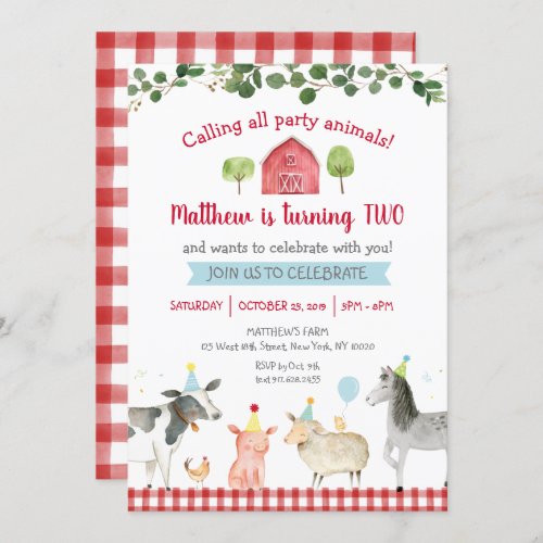 Greenery Farm Animal Barnyard Birthday Invitation