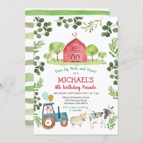 Greenery farm animal birthday invitation