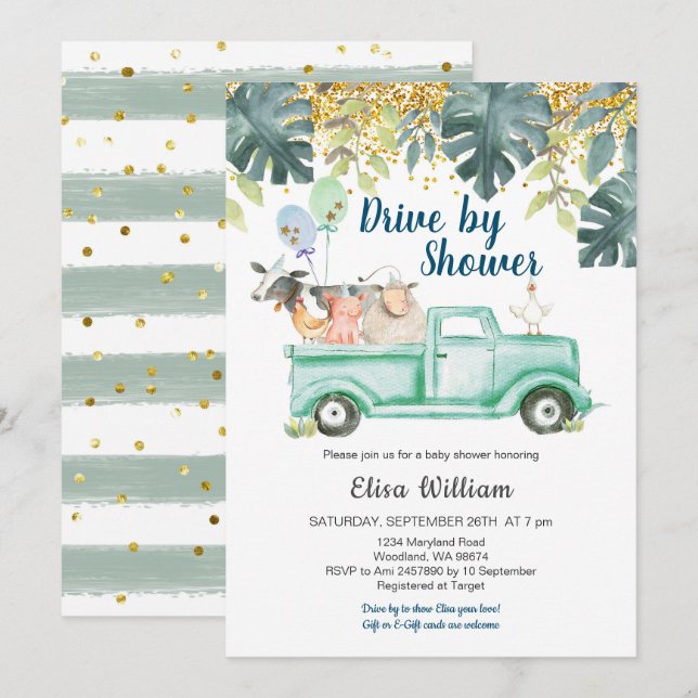 Greenery farm animal boy baby shower invitation (Front/Back)