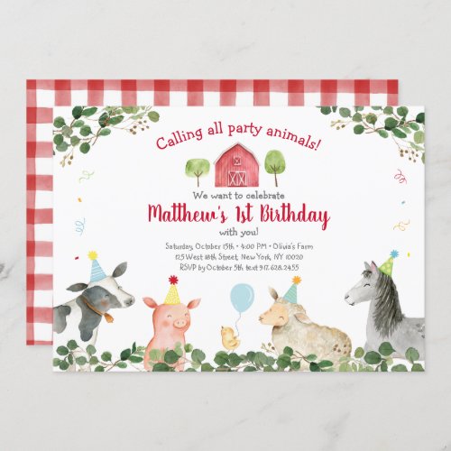 Greenery Farm Animal Party Animal Birthday Invitation