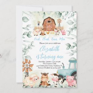 Greenery Farm Animals Barnyard Blue Boy Birthday Invitation