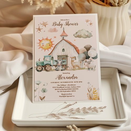 Greenery Farm Animals Barnyard Boy Baby Shower Invitation