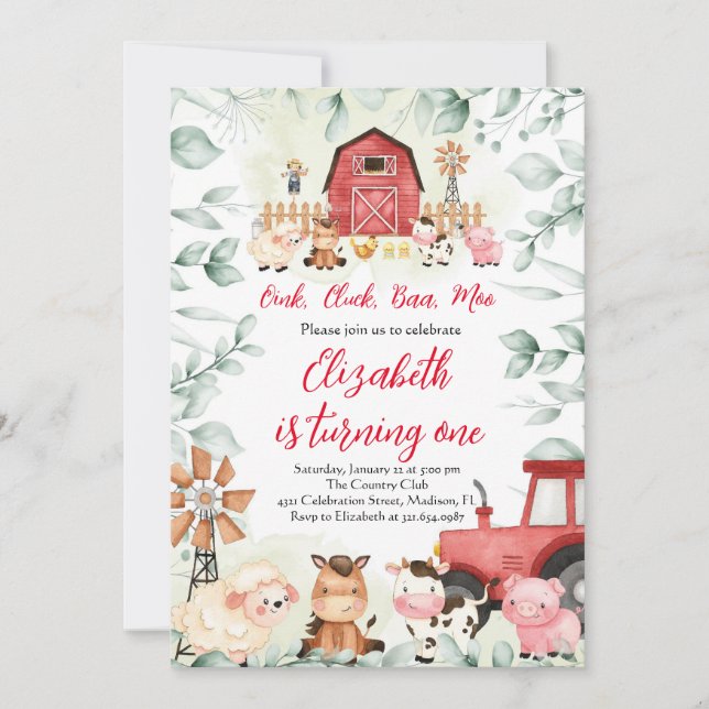 Greenery Farm Animals Barnyard Red Boy Birthday Invitation (Front)