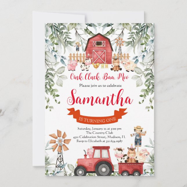 Greenery Farm Animals Barnyard Red Boy Birthday Invitation (Front)