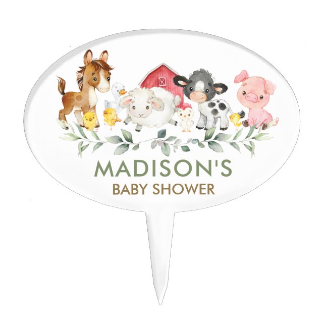 Greenery Farm Animals Birthday Baby Shower Dessert Cake Topper (Front)