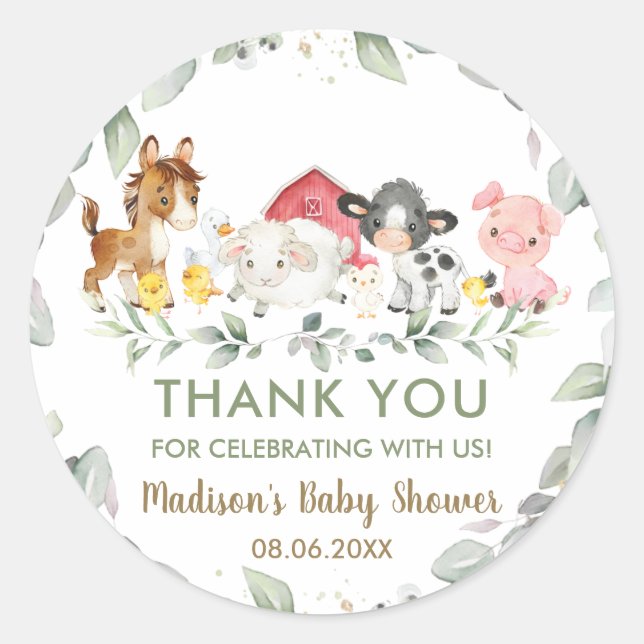 Greenery Farm Animals Birthday Baby Shower Favor  Classic Round Sticker (Front)