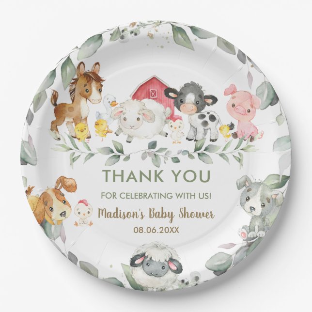 Greenery Farm Animals Birthday Baby Shower  Paper Plates (Front)