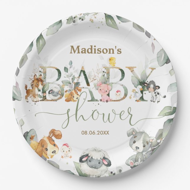 Greenery Farm Animals Gender Neutral Baby Shower Paper Plates (Front)