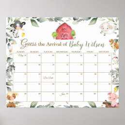 Greenery Farm Animals Guess Baby&#39;s Due Date Game Poster