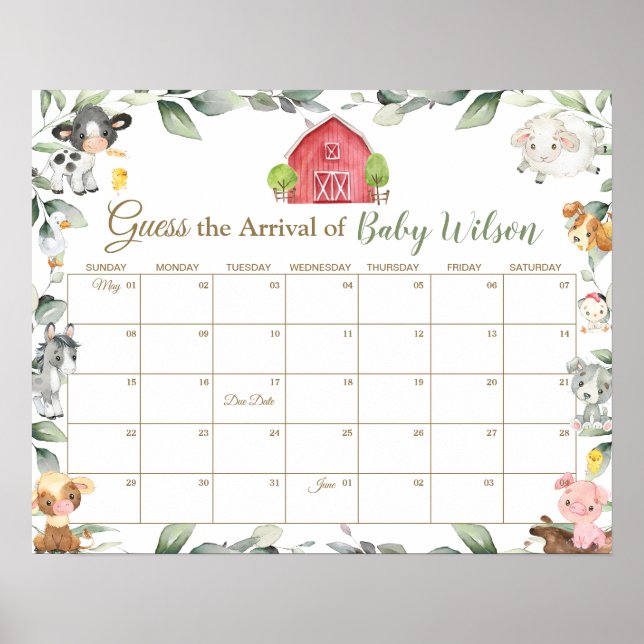 Greenery Farm Animals Guess Baby's Due Date Game Poster (Front)