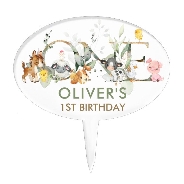 Greenery Farm Animals One 1st Birthday Dessert Cake Topper (Front)