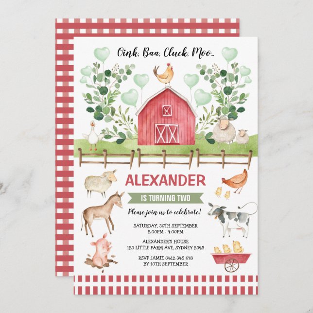 Greenery Farm Barnyard Animals Birthday Bash Invitation (Front/Back)