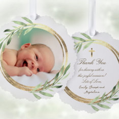 Greenery Faux Foil Frame Baptism Thank You  Ornament Card at Zazzle