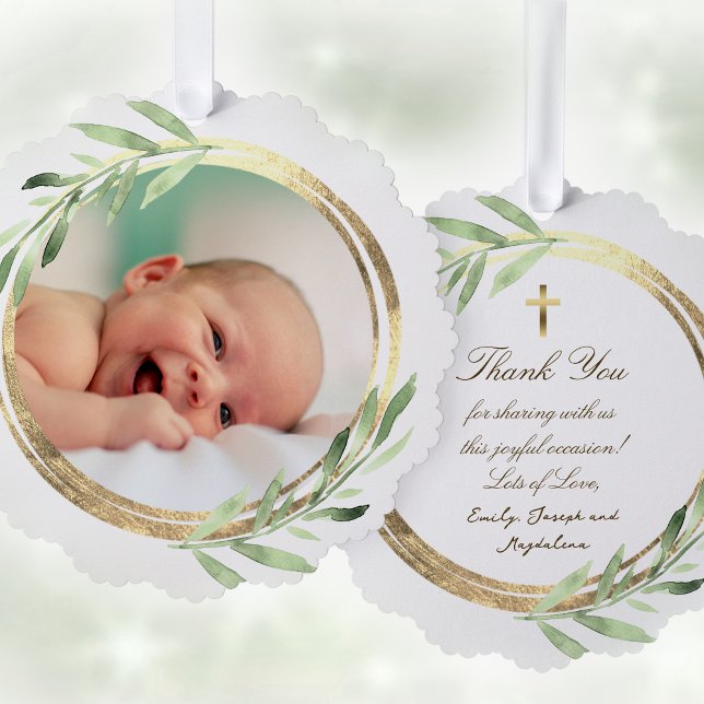 greenery faux foil frame Baptism thank you  Ornament Card (Creator Uploaded)