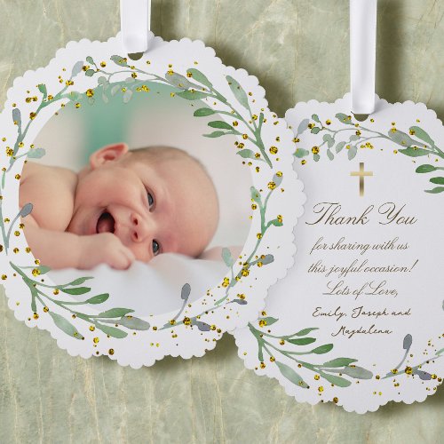 greenery faux glitter Baptism thank you  Ornament Card