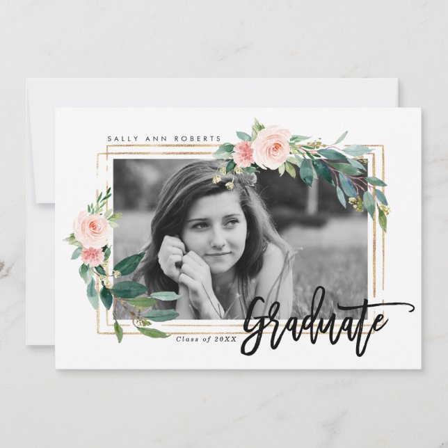 greenery faux gold blush photo graduation card (Front)