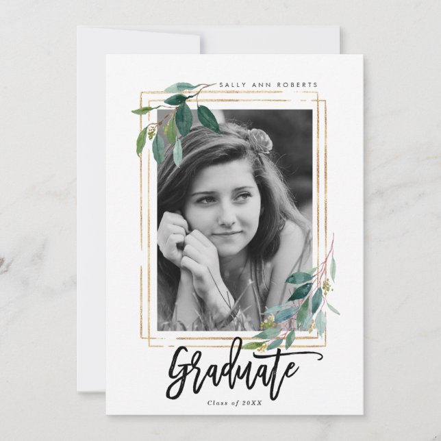 greenery faux gold frame photo graduation card (Front)