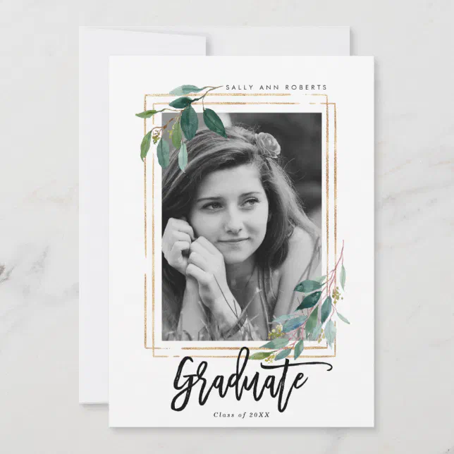 greenery faux gold frame photo graduation card | Zazzle