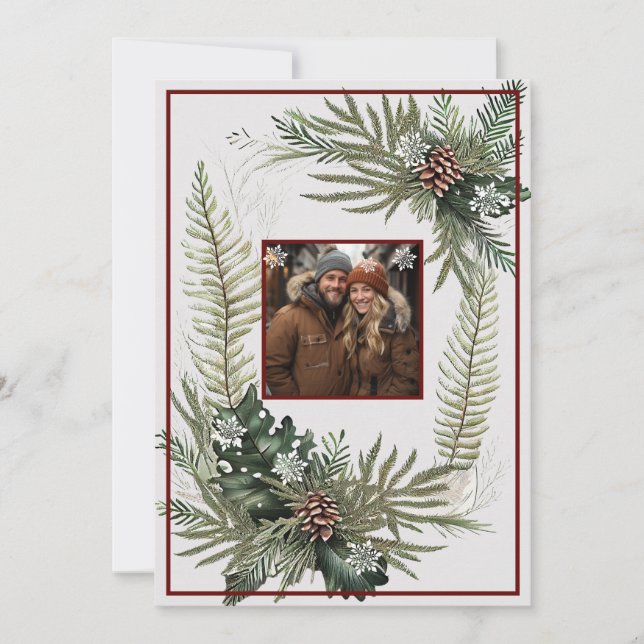 Greenery Ferns Pine Cones Snowflakes   Holiday Card (Front)
