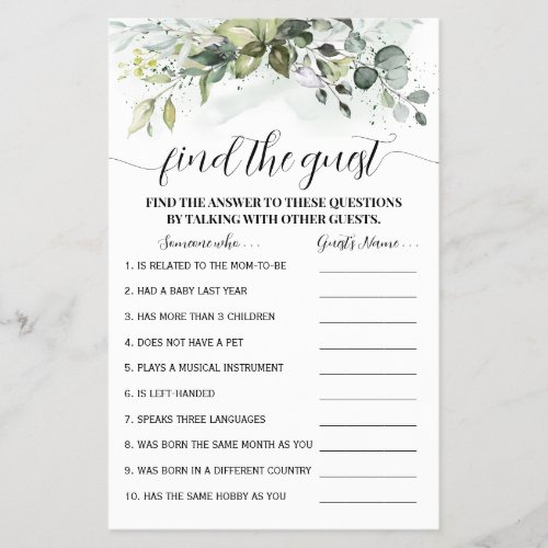Greenery Find the Guest Baby Shower Game card Flyer