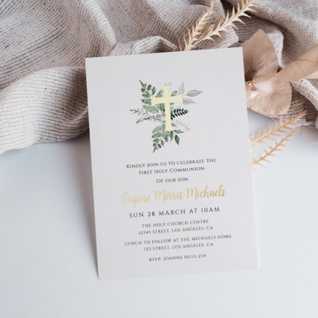 greenery first communion  foil invitation (Creator Uploaded)