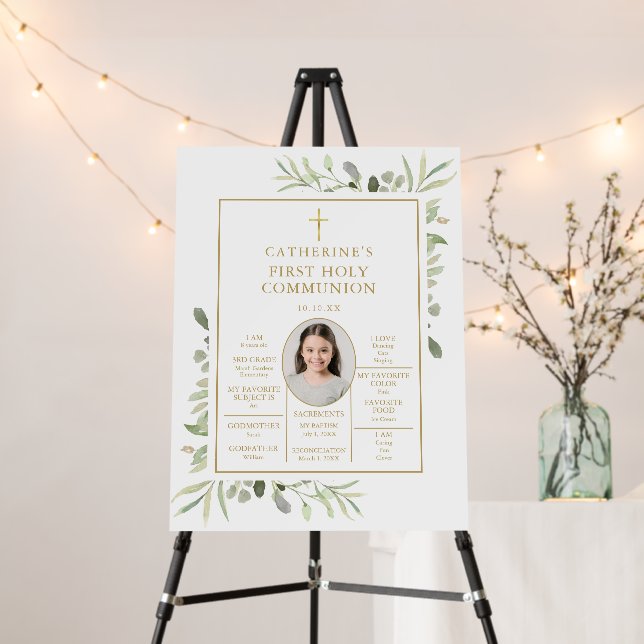 Greenery First Communion Fun Facts Photo Sign (In Situ (Stand))