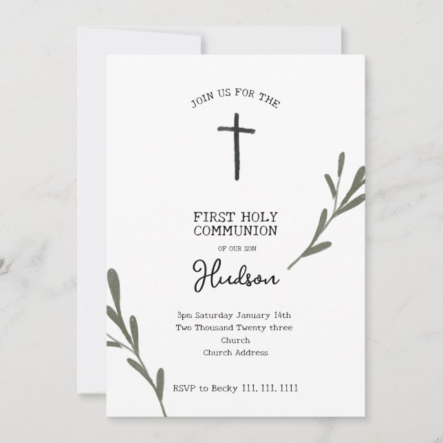 Greenery First Communion Girl Boy   Invitation (Front)