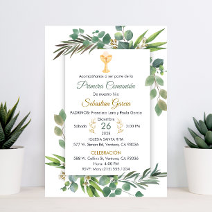 Greenery First Communion in Spanish Cute Chalice Invitation
