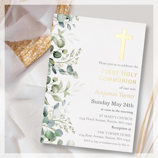  Greenery | First Holy Communion Foil Invitation (Creator Uploaded)