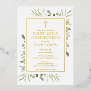Greenery First Holy Communion Gold Foil Invitation