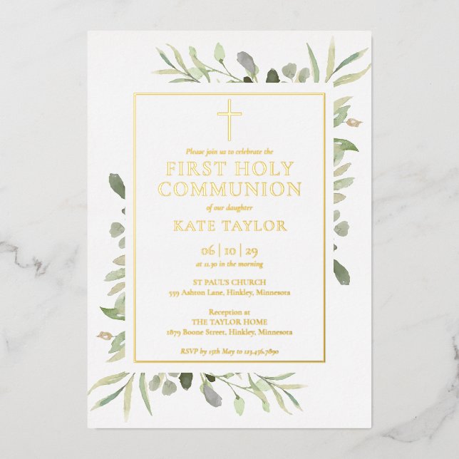 Greenery First Holy Communion Gold Foil Invitation (Front)