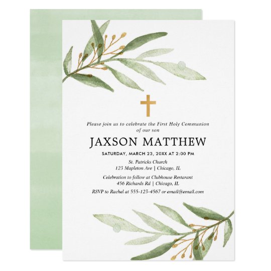 Greenery first holy communion green gold leaves invitation | Zazzle.com