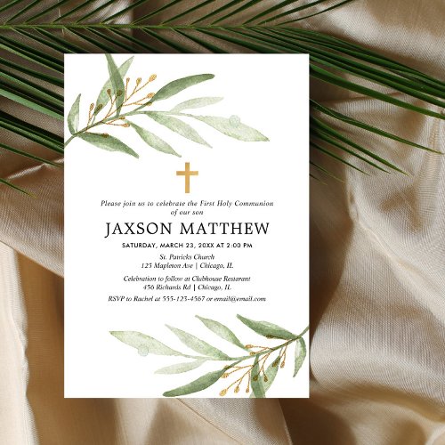 Greenery first holy communion green gold leaves invitation