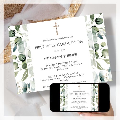Greenery  First Holy Communion Invitation