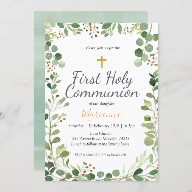 Greenery First Holy Communion Invitation | Zazzle