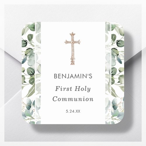 Greenery  First Holy Communion Invitation Square Sticker