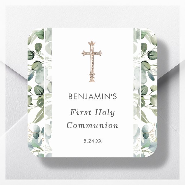 Greenery | First Holy Communion Invitation Square Sticker (Creator Uploaded)
