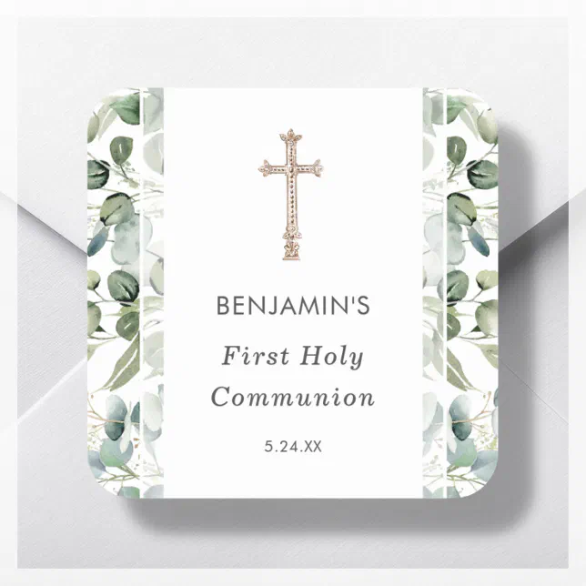 Greenery | First Holy Communion Invitation Square Sticker | Zazzle