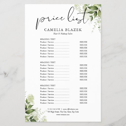 Greenery Floral 2 Sided Service Menu Price List Flyer