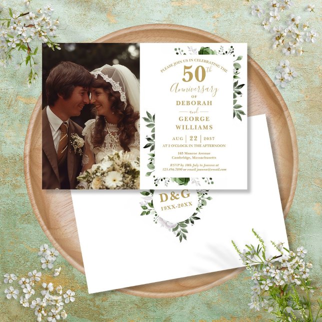 Greenery Floral 50th Wedding Anniversary Photo Invitation (Greenery Floral 50th Wedding Anniversary Photo Invitation)