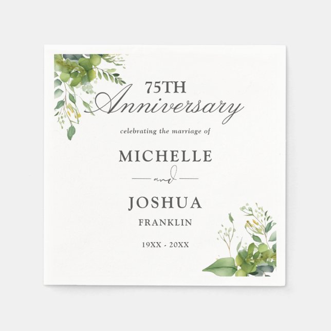 Greenery Floral 75th Wedding Anniversary Napkins (Front)