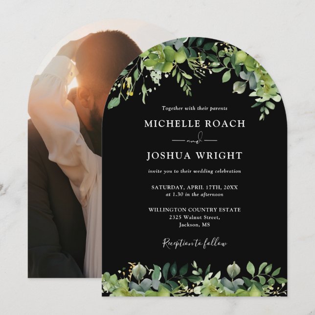 Greenery Floral Arch Black And White Photo Wedding Invitation (Front/Back)