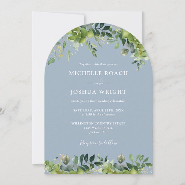 Greenery Floral Arch Dusty Blue Monogram Wedding Invitation (Front)