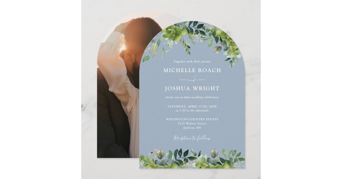 Greenery Floral Arch Dusty Blue Photo Wedding Invitation | Zazzle